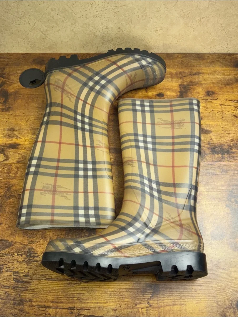 Burberry Rain Boots Tall Classic Check Womens Size 6.5 Made in Italy